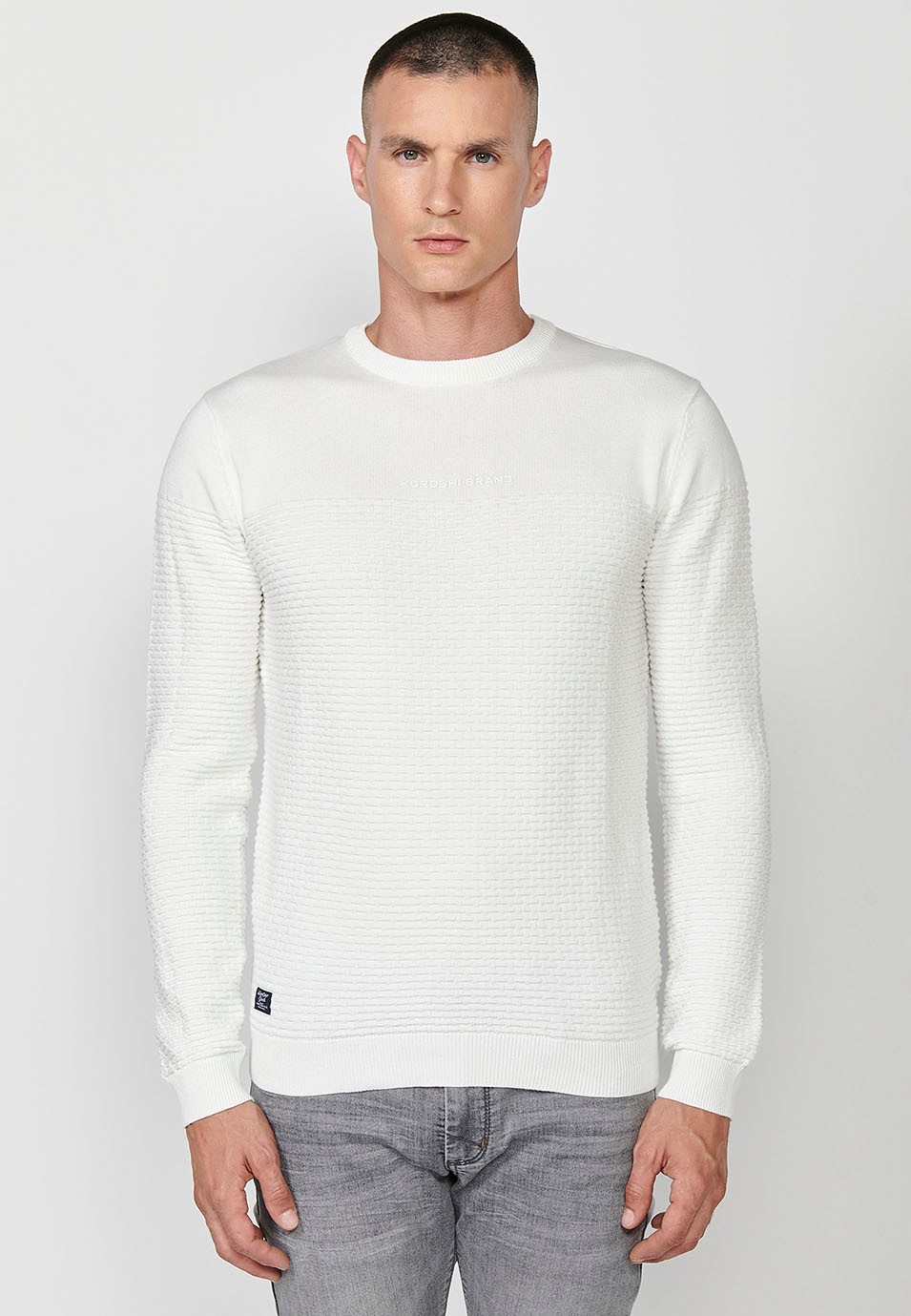 Men's ecru two-tone crew neck knit sweater 6