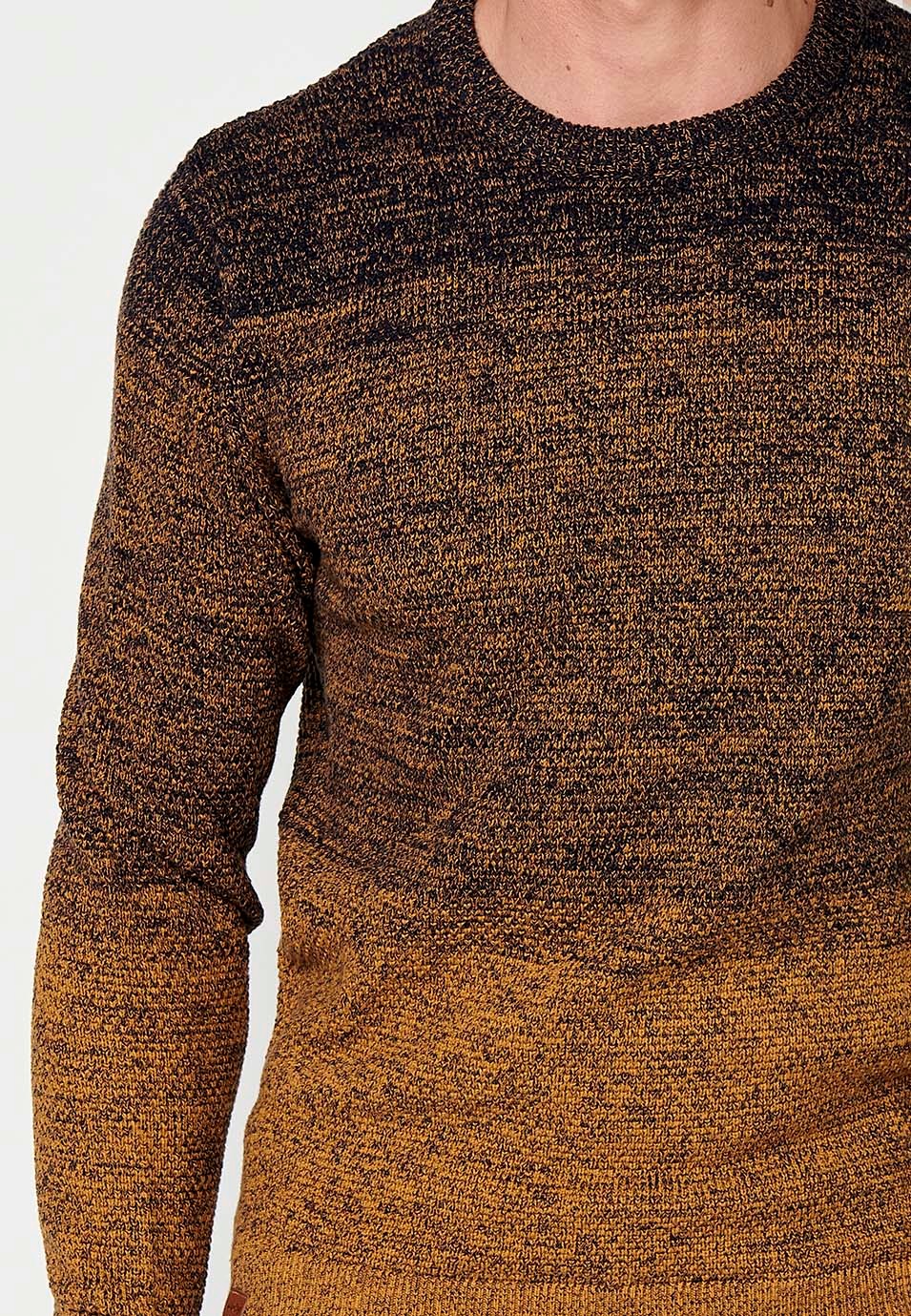 Pull à manches longues en tricot de coton et col rond de couleur Ocre pour Homme