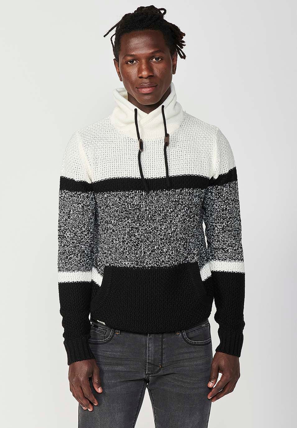 Pull style pull à col montant croisé réglable avec cordon de serrage et poche avant et tricot en trois couleurs pour homme en noir