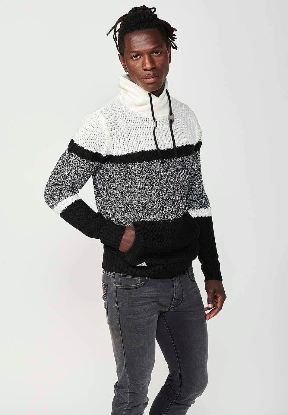 Pull style pull à col montant croisé réglable avec cordon de serrage et poche avant et tricot en trois couleurs pour homme en noir 1