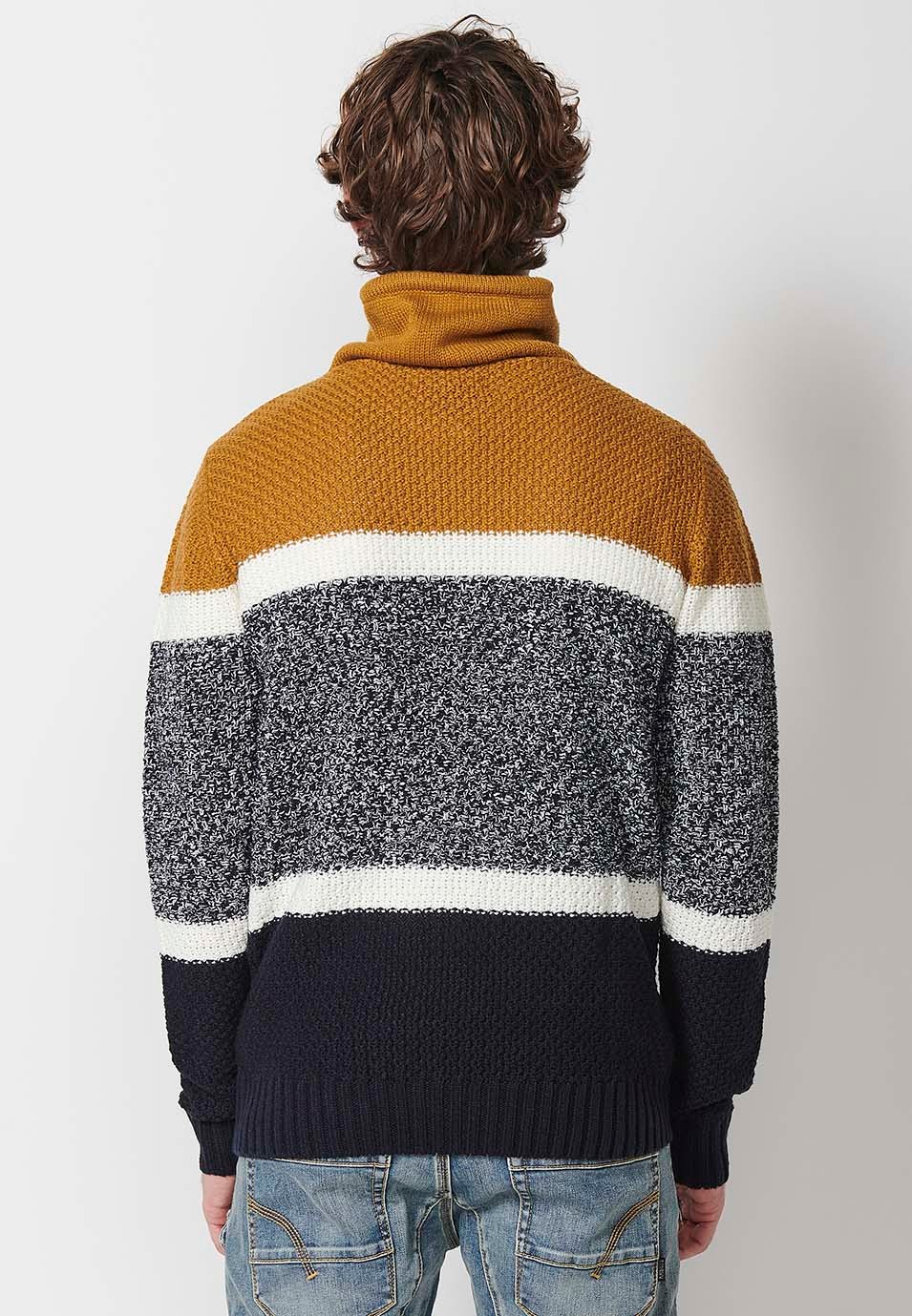 Men's adjustable crossover turtleneck sweatshirt with drawstring and front pocket in three-colour ochre tricot 2