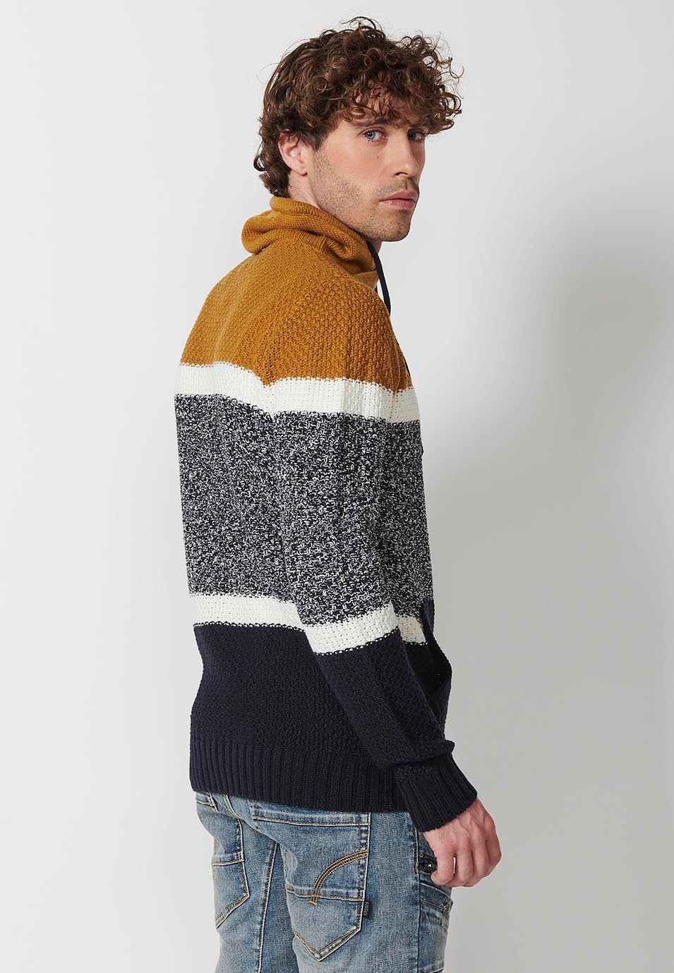 Men's adjustable crossover turtleneck sweatshirt with drawstring and front pocket in three-colour ochre tricot 1