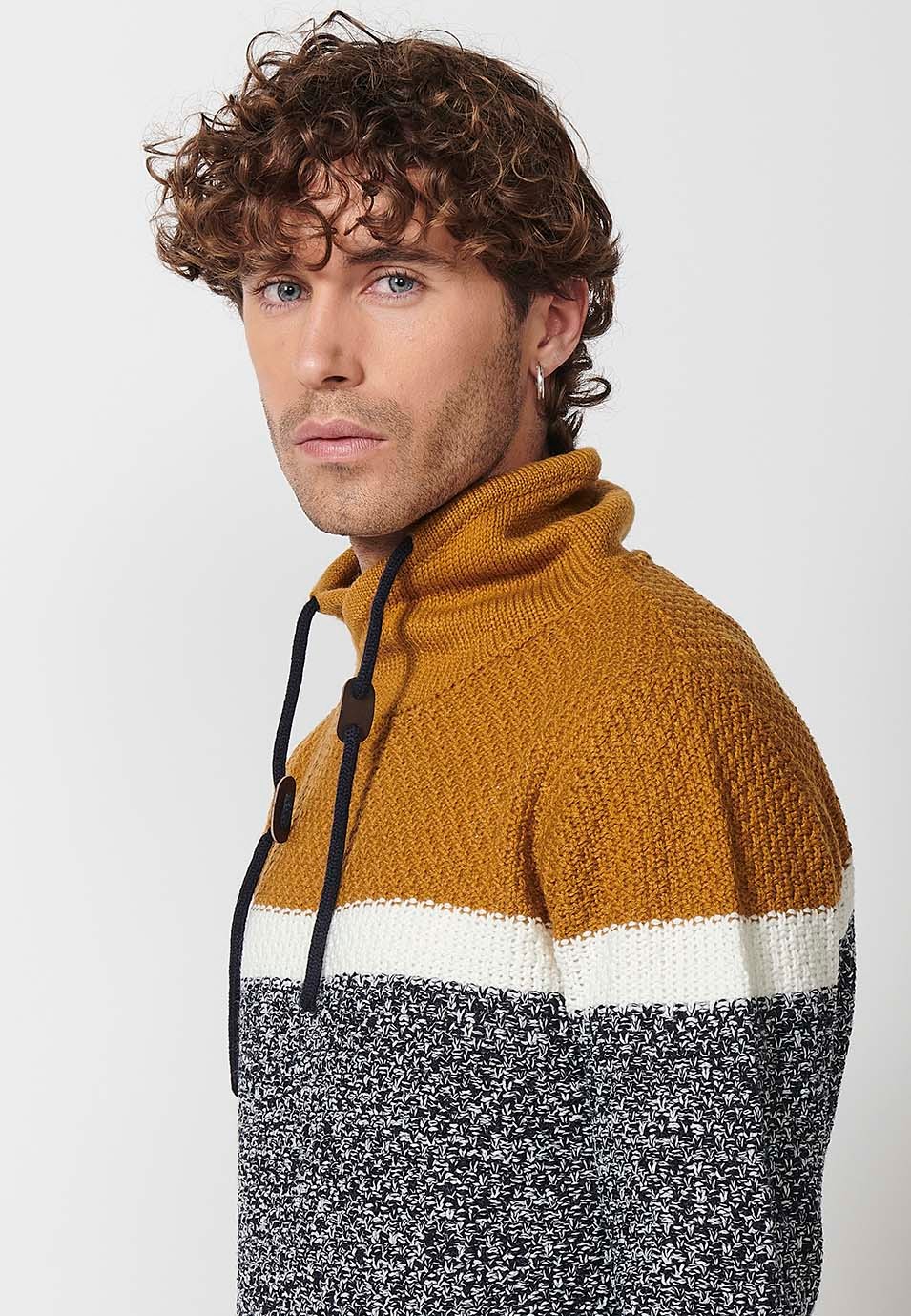 Men's adjustable crossover turtleneck sweatshirt with drawstring and front pocket in three-colour ochre tricot 6