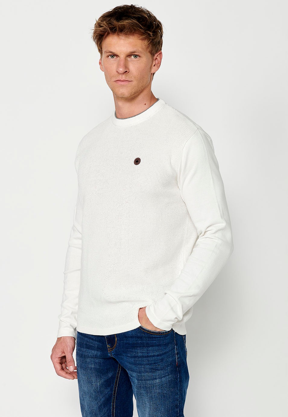 Pull homme col rond texturé écru en tricot