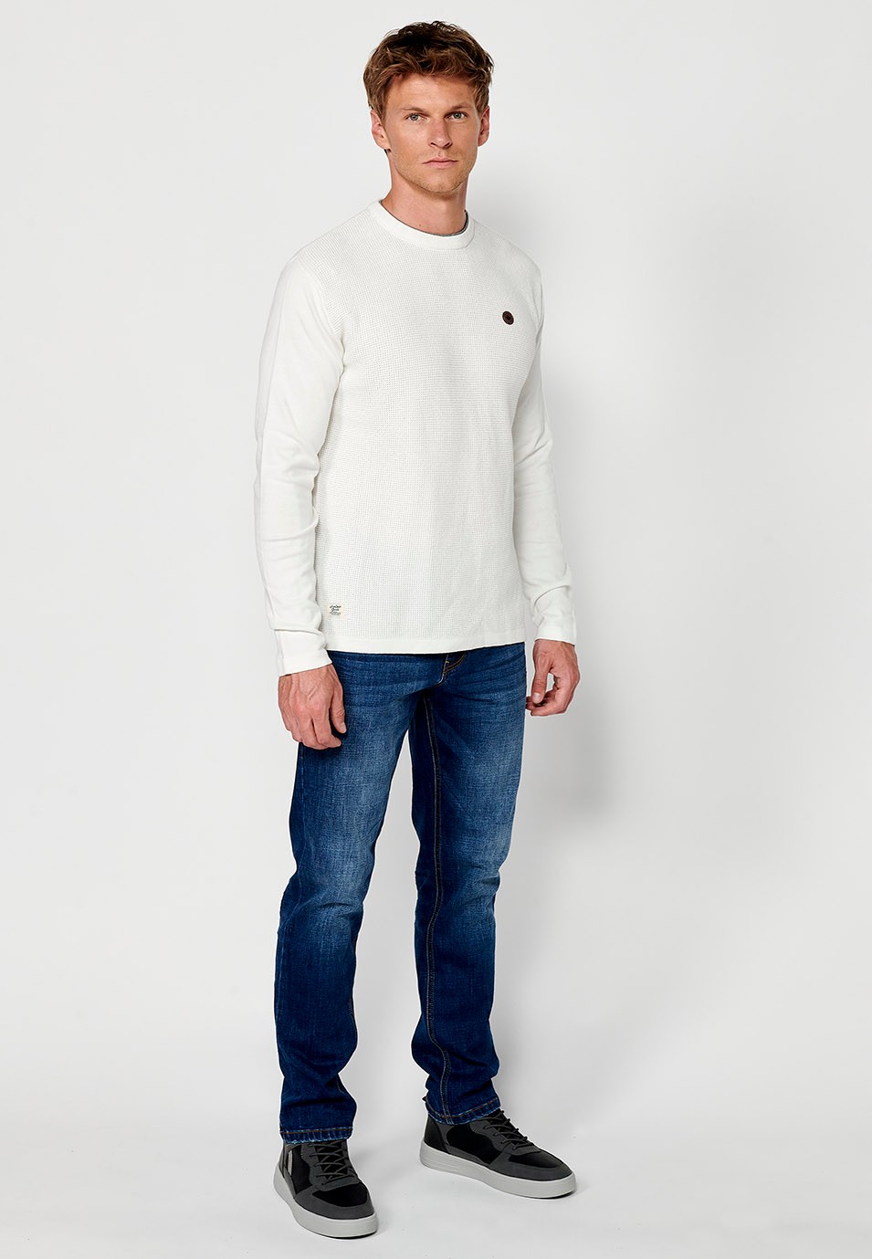 Pull homme col rond texturé écru en tricot 7