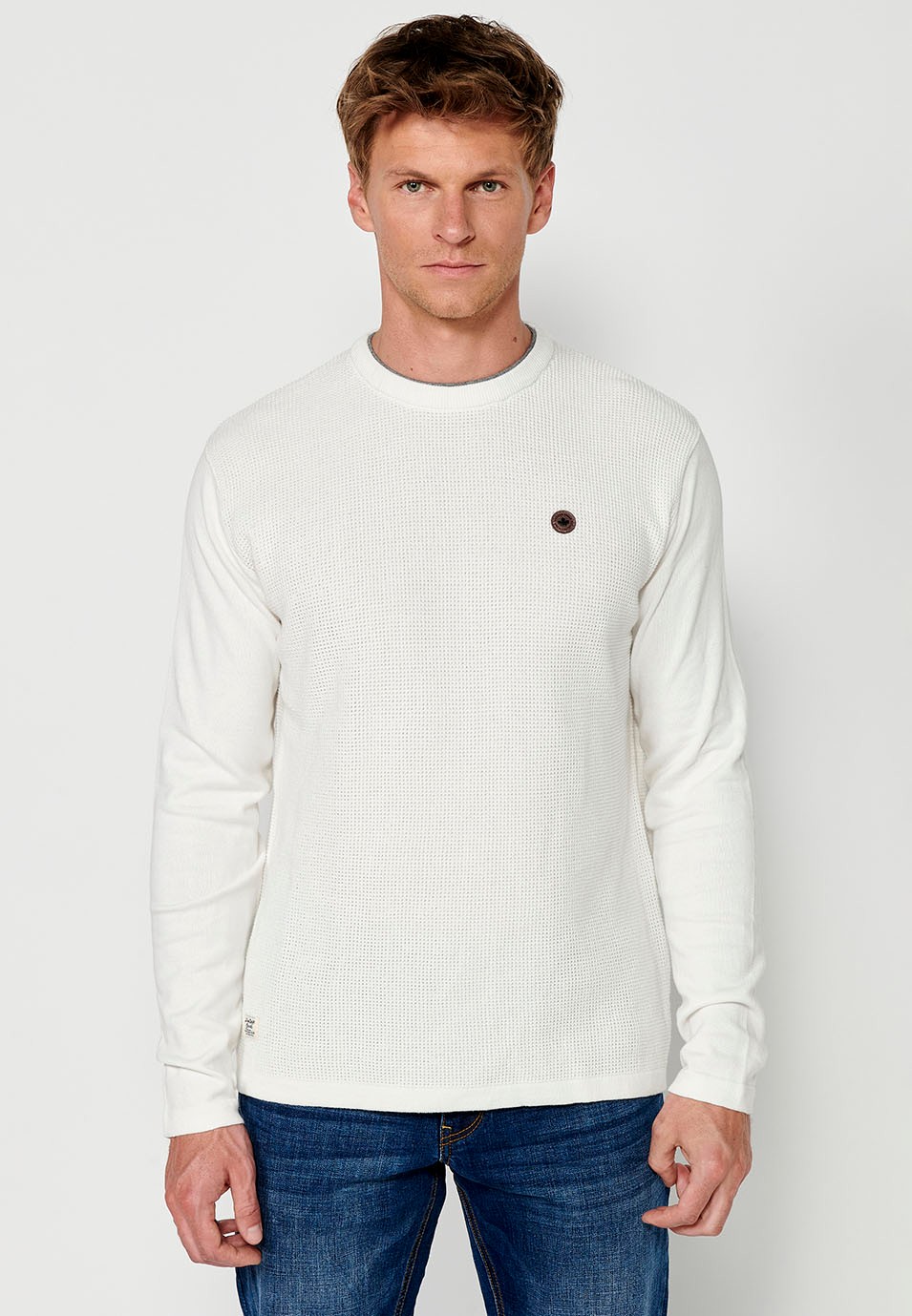 Pull homme col rond texturé écru en tricot 5