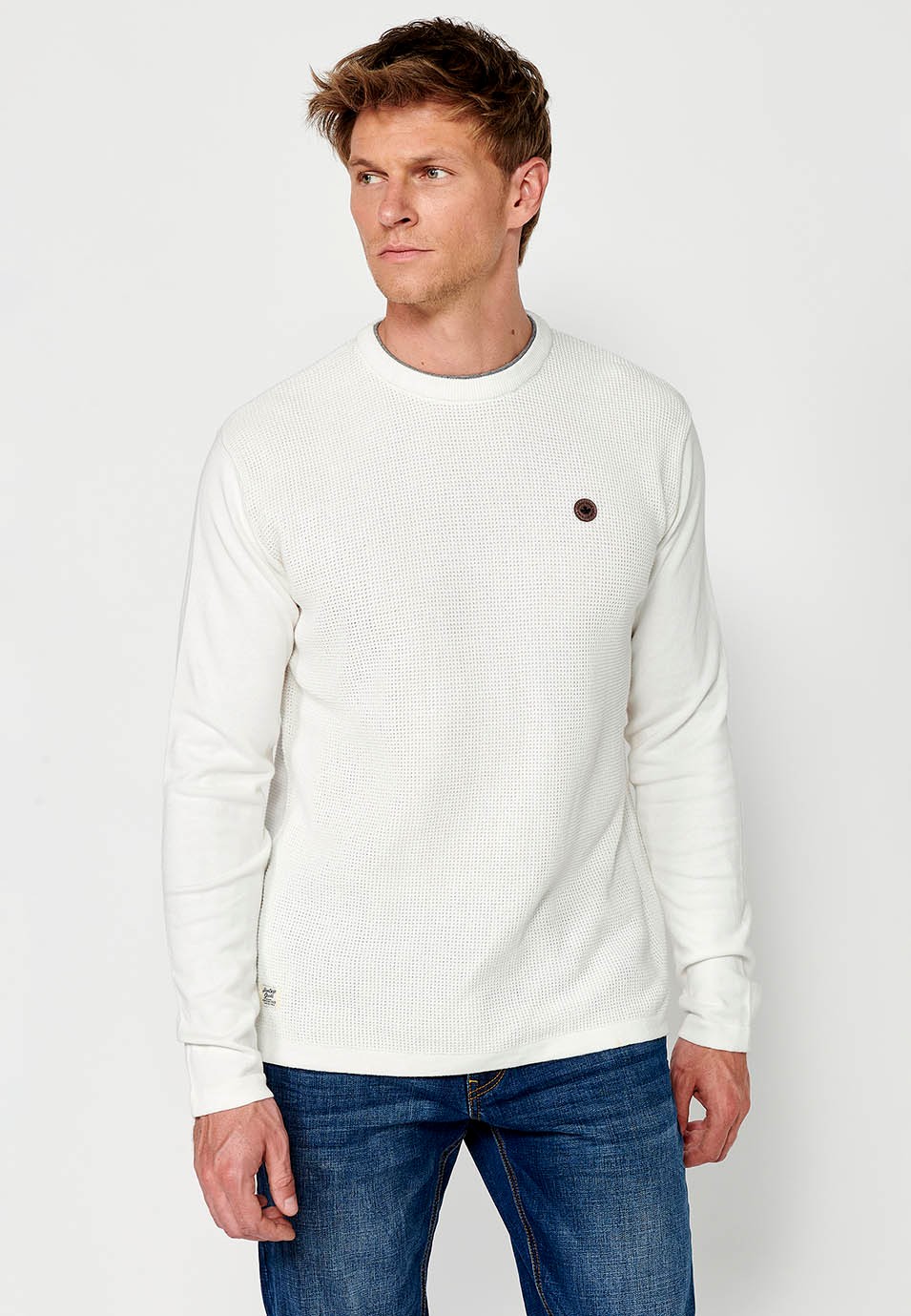 Pull homme col rond texturé écru en tricot 4