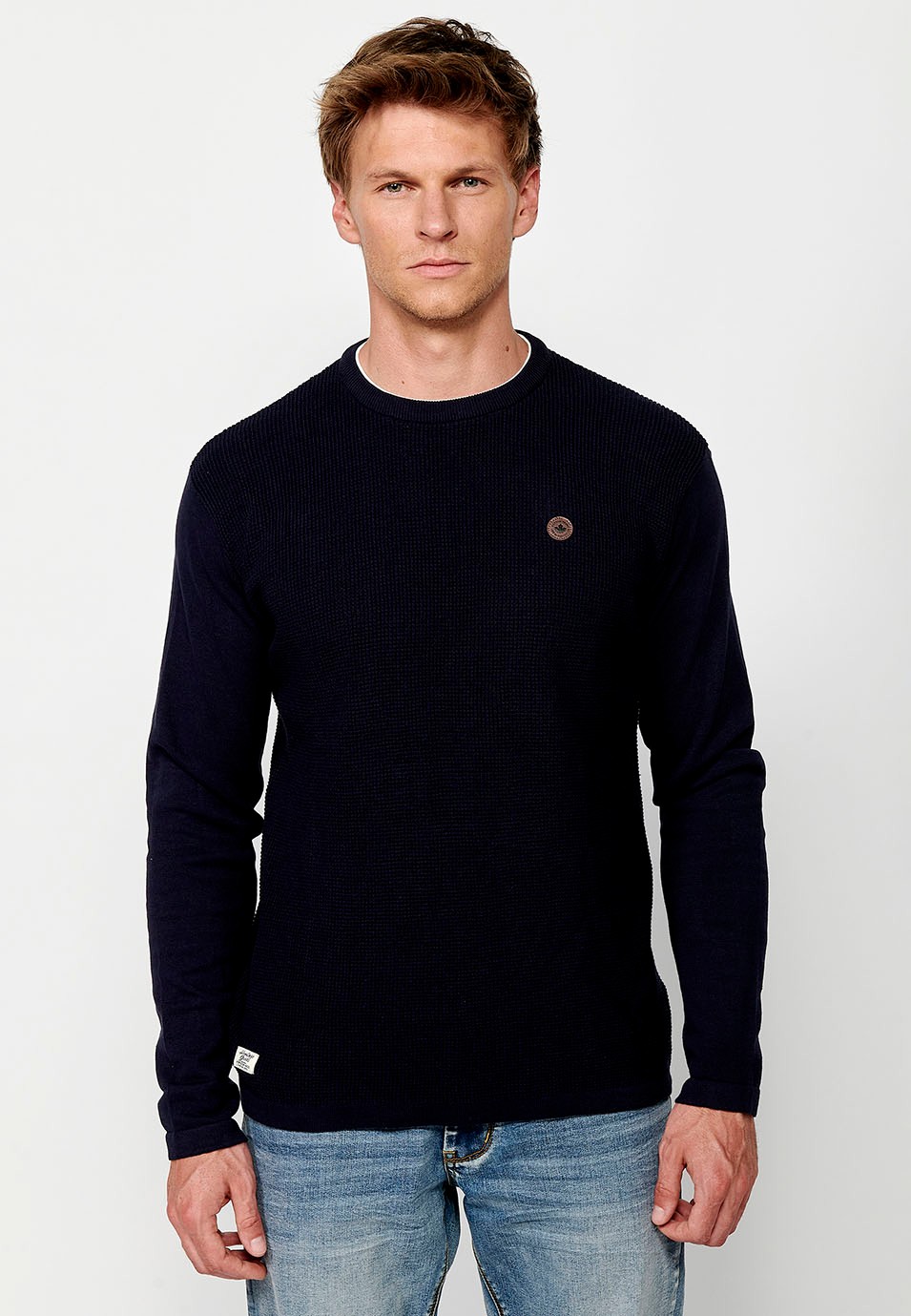 Pull en tricot texturé à col rond pour homme en bleu marine