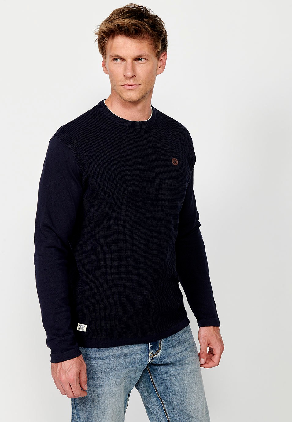 Pull en tricot texturé à col rond pour homme en bleu marine 2