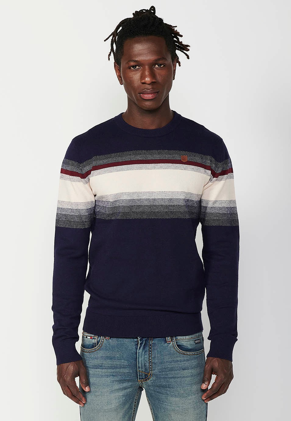 Pull en tricot fin tricolore à col rond pour homme en bleu marine