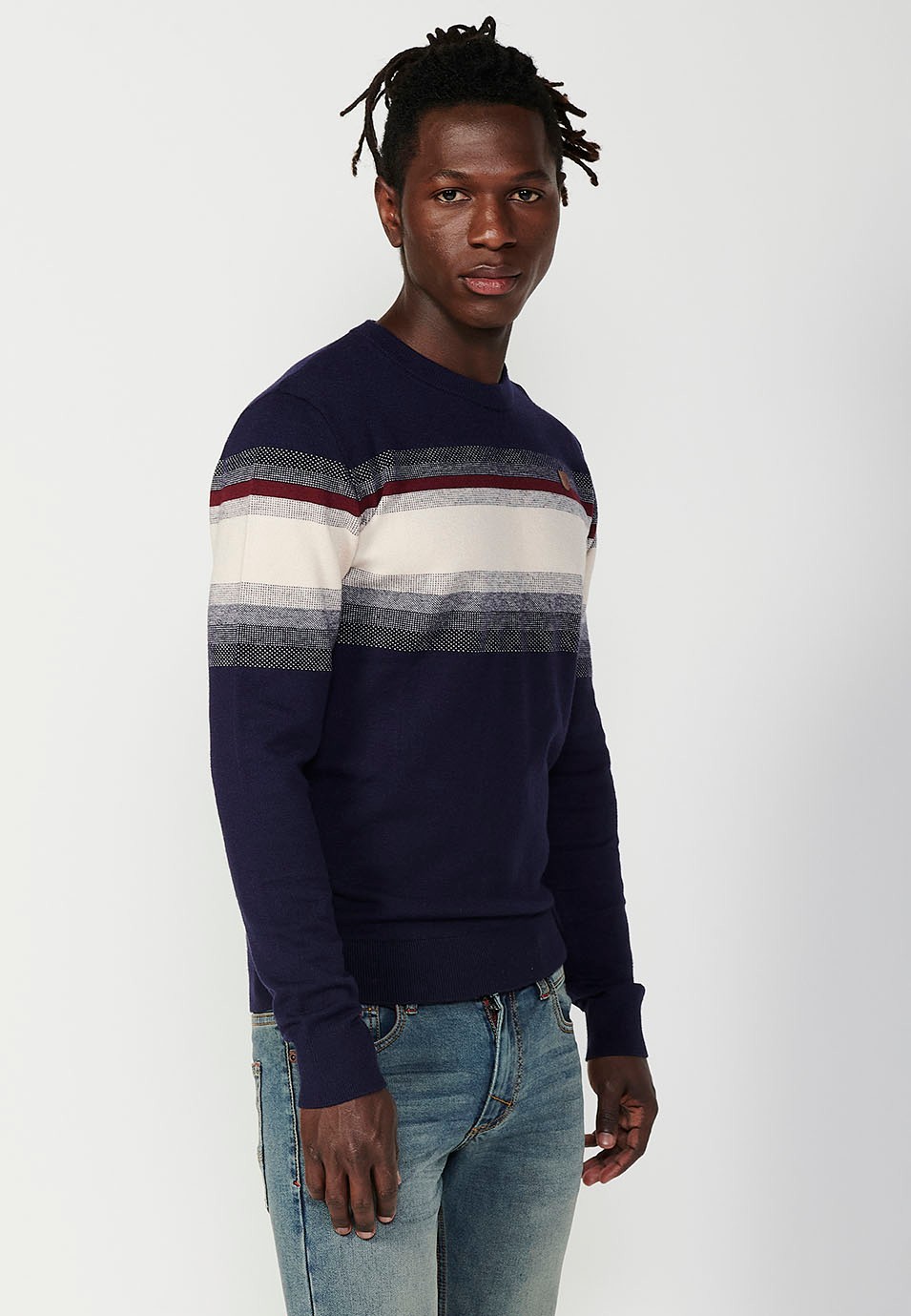 Pull en tricot fin tricolore à col rond pour homme en bleu marine