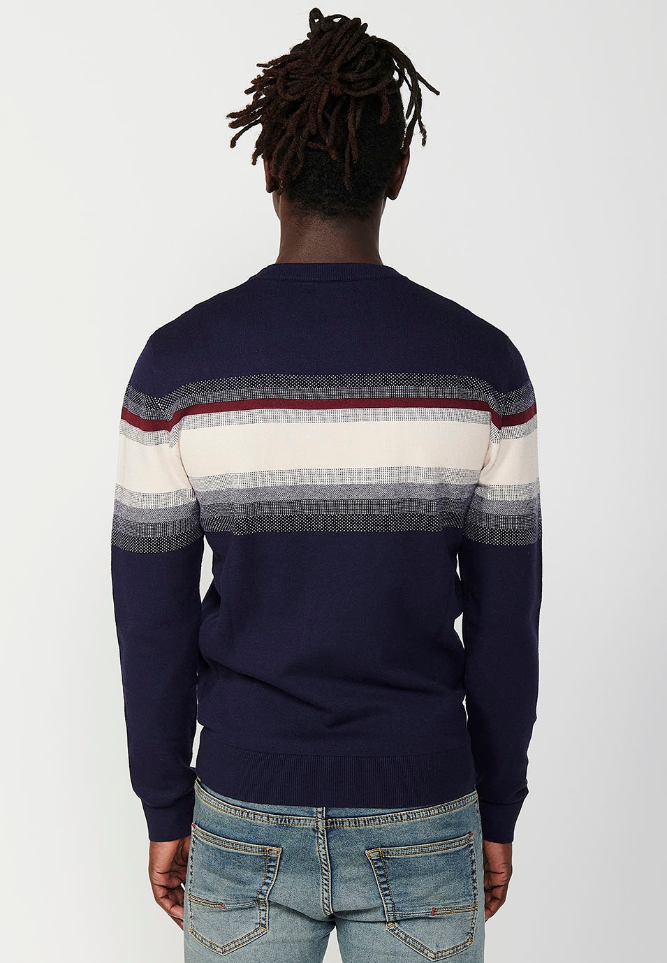 Pull en tricot fin tricolore à col rond pour homme en bleu marine