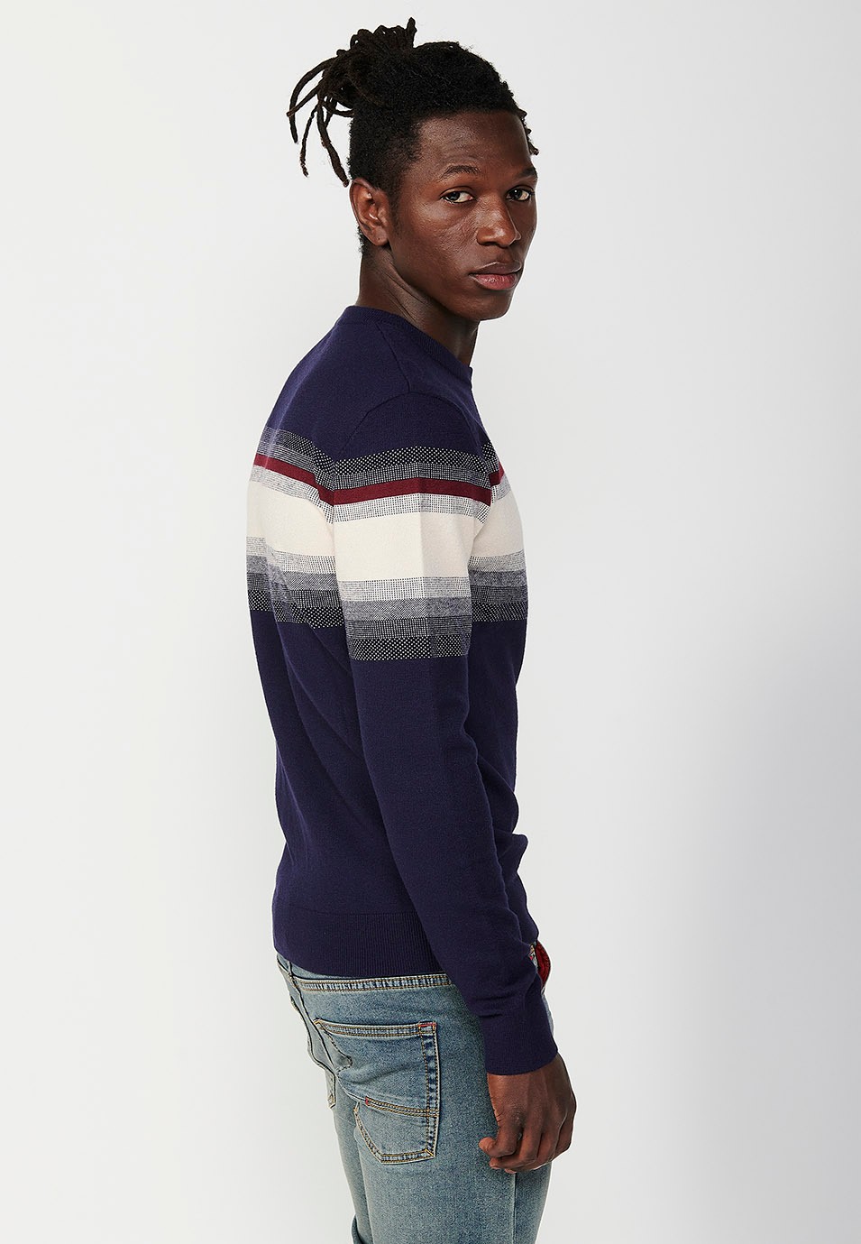 Pull en tricot fin tricolore à col rond pour homme en bleu marine