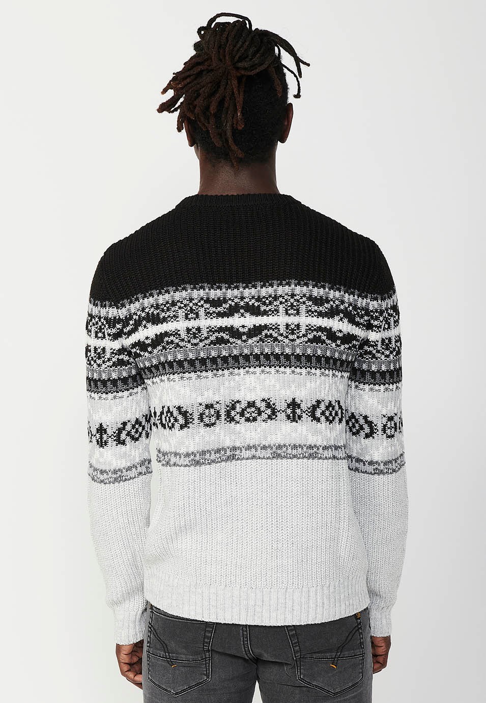 Pull en tricot à manches longues avec finition côtelée et col rond pour homme en noir