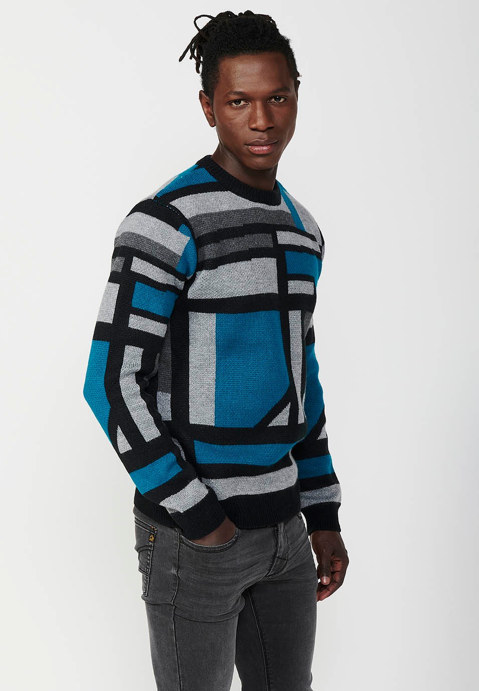 Pull homme noir en tricot col rond style Bauhaus