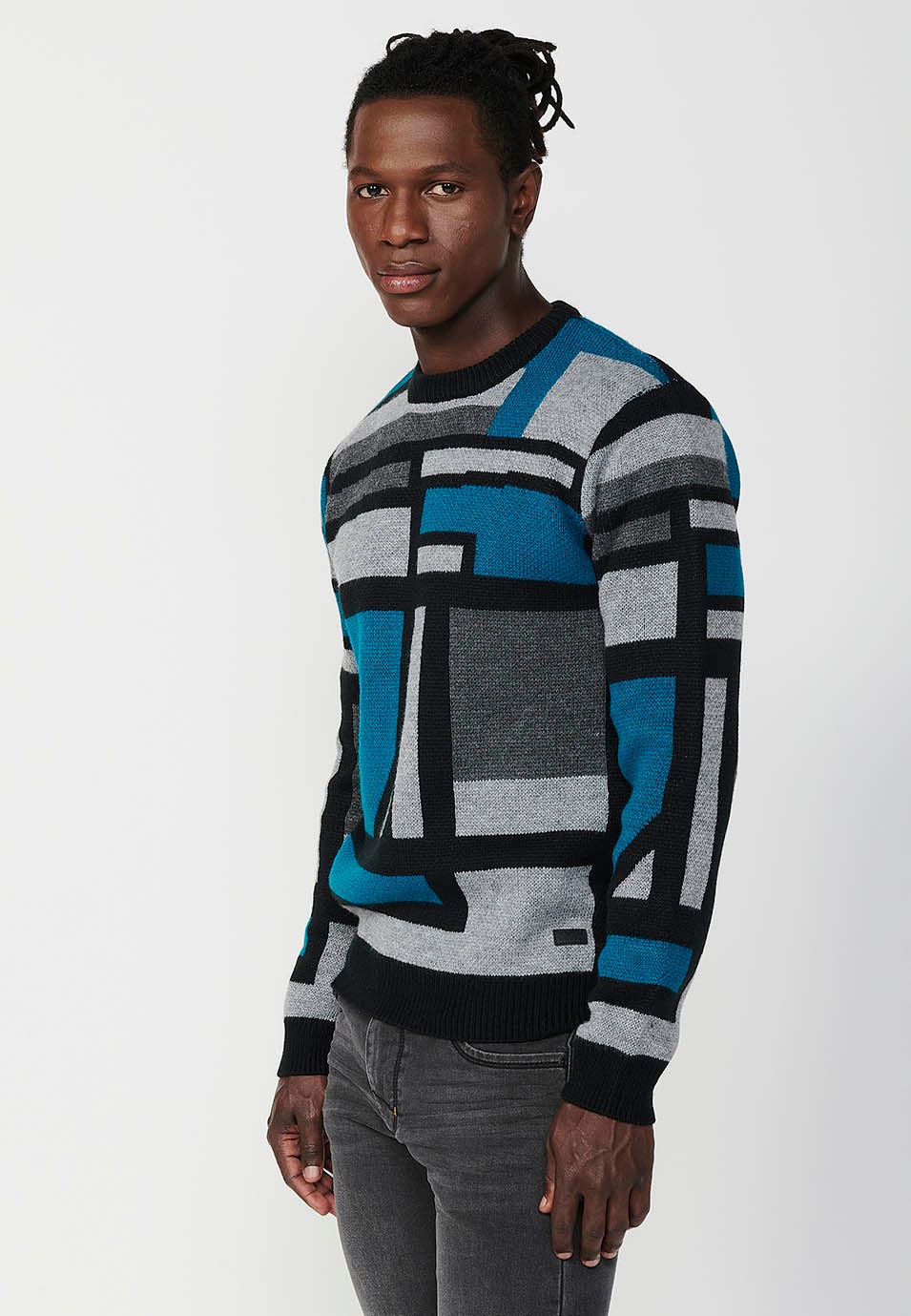 Pull homme noir en tricot col rond style Bauhaus