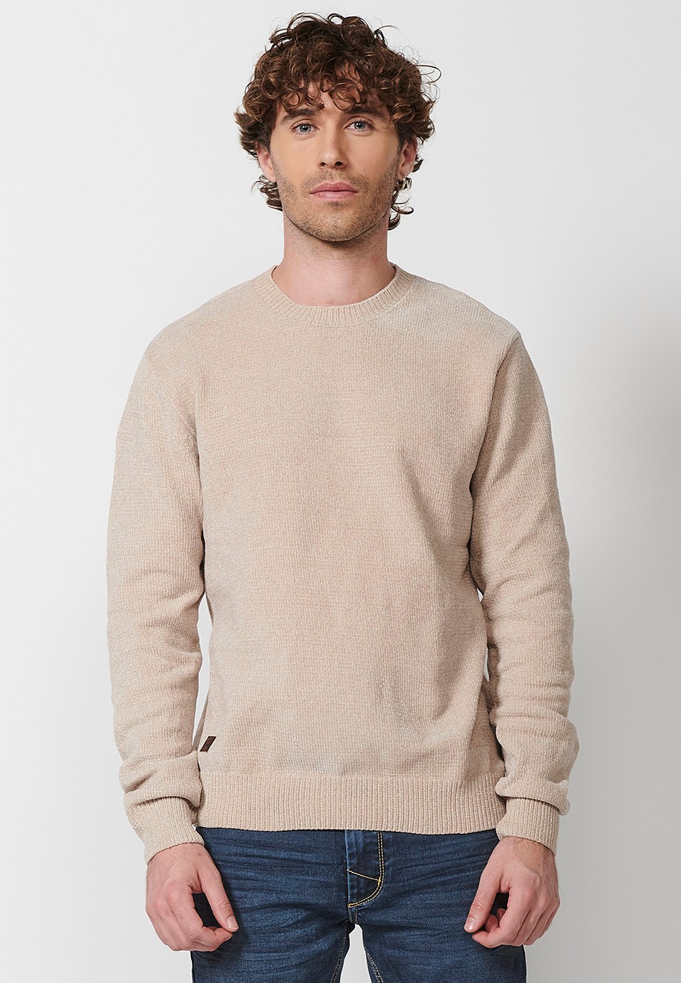 Men's beige crew neck knit sweater