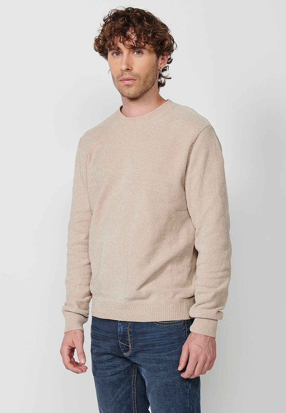 Beigefarbener Herren-Trikotpullover mit Rundhalsausschnitt 2