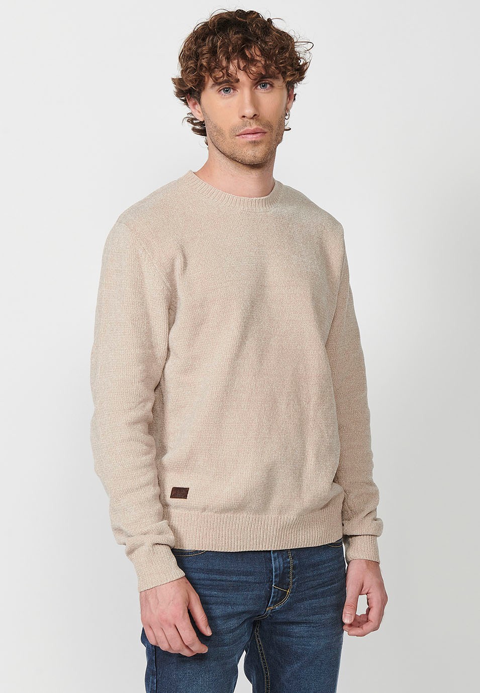 Men's beige crew neck knit sweater 5