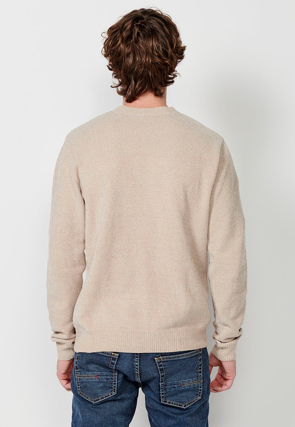 Men's beige crew neck knit sweater 3