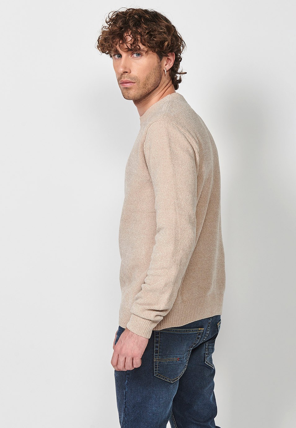 Men's beige crew neck knit sweater 1