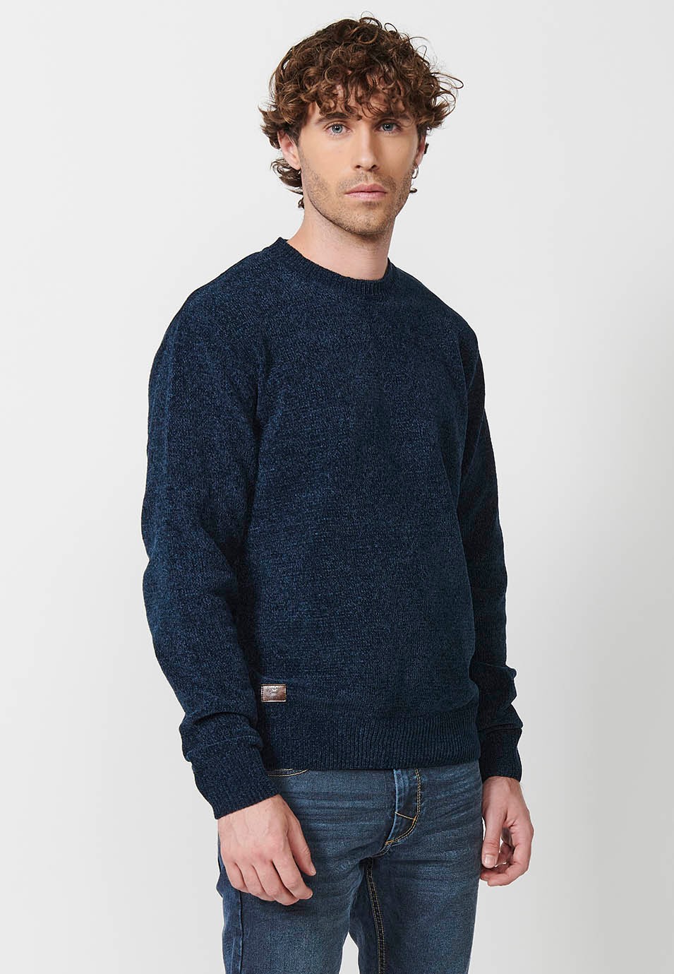 Marineblauer Trikotpullover mit Rundhalsausschnitt für Herren