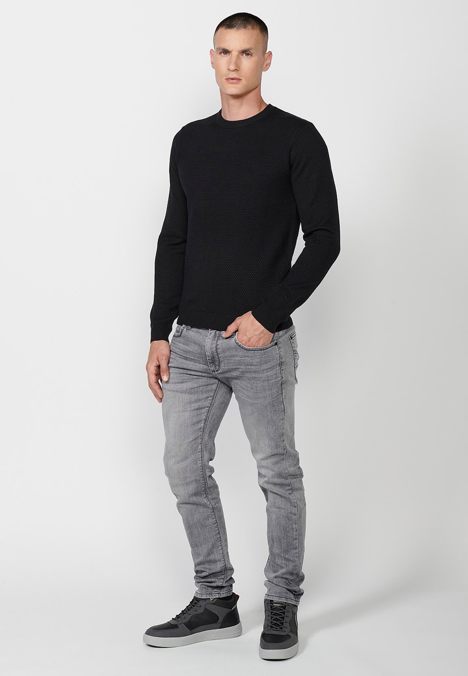 Pull en tricot texturé à manches longues et col rond pour hommes noir 7