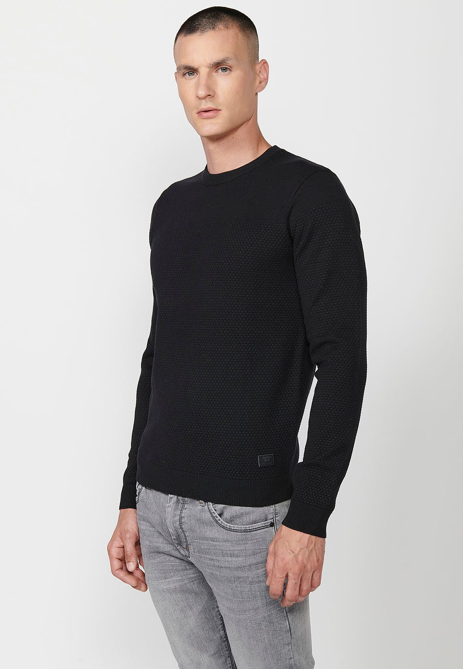 Pull en tricot texturé à manches longues et col rond pour hommes noir 4