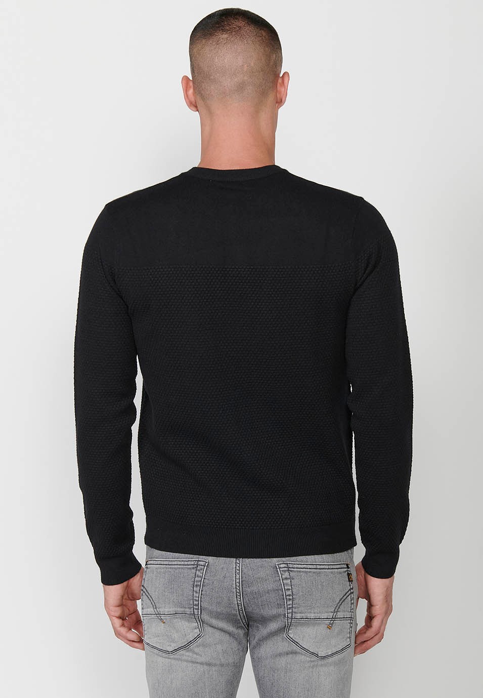 Pull en tricot texturé à manches longues et col rond pour hommes noir 3