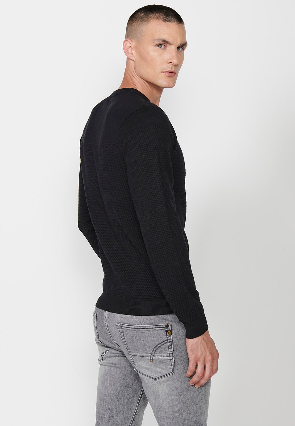 Pull en tricot texturé à manches longues et col rond pour hommes noir 1