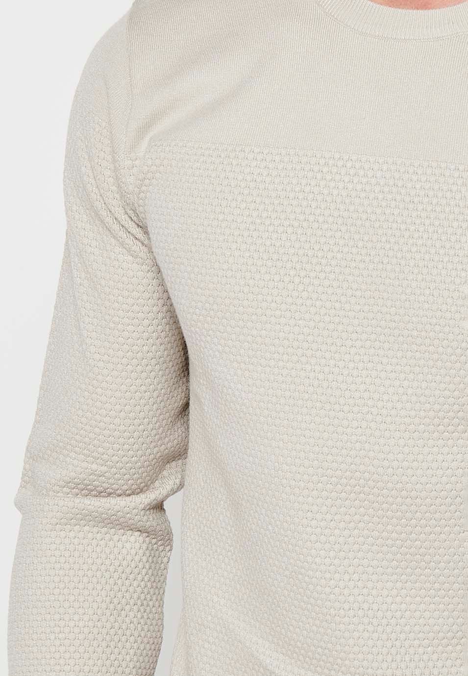 Men's textured long sleeve crew neck knit jumper in ecru 2