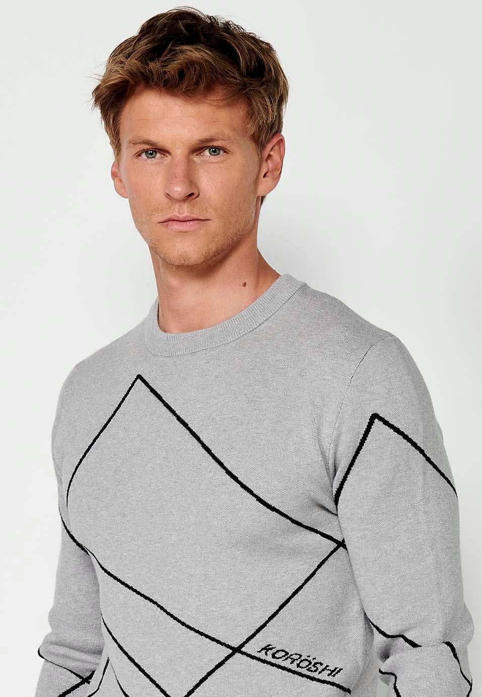 Men's grey geometric pattern fine knit jumper with round neck 1