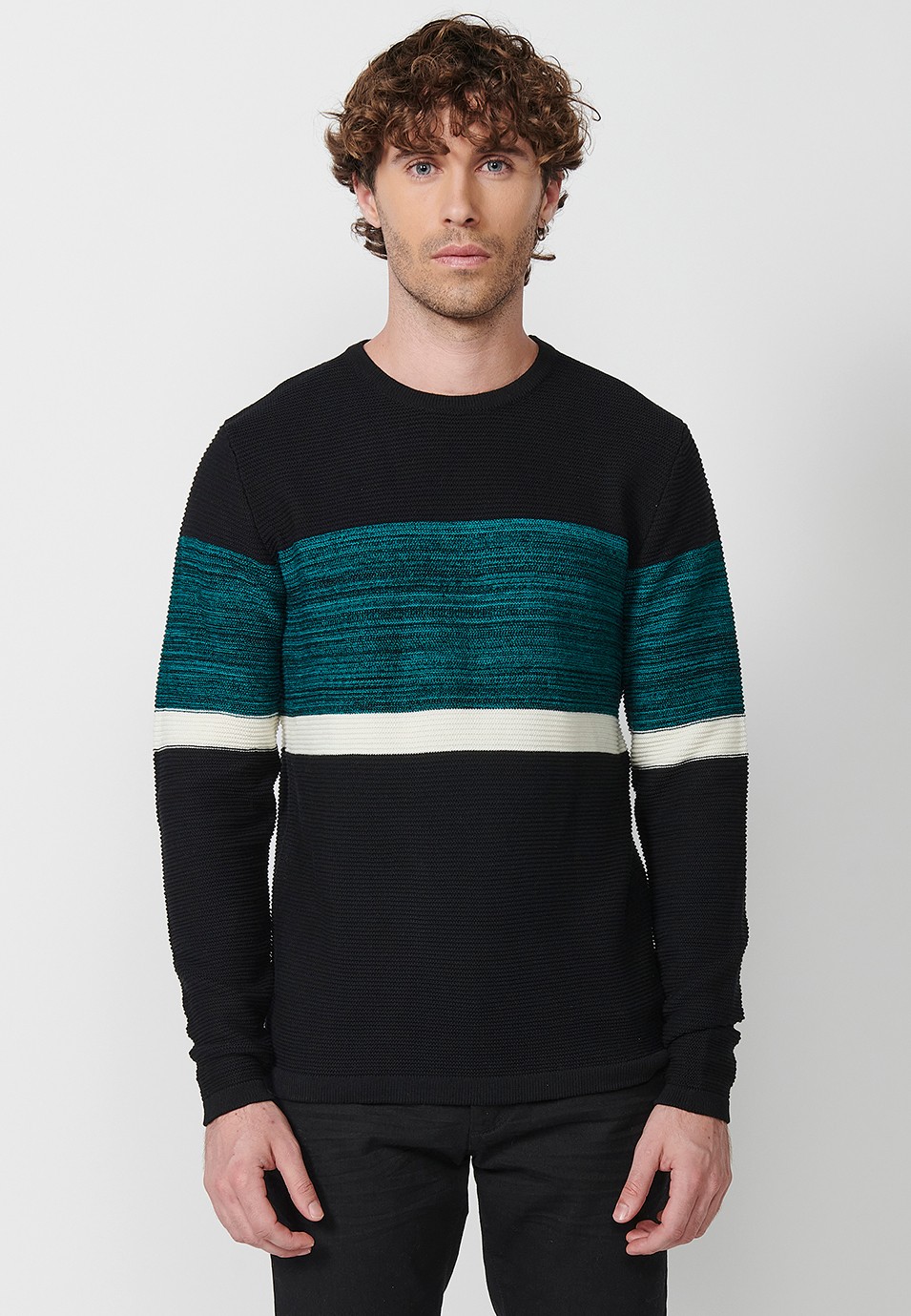 Pull en tricot tricolore à col rond pour homme en noir