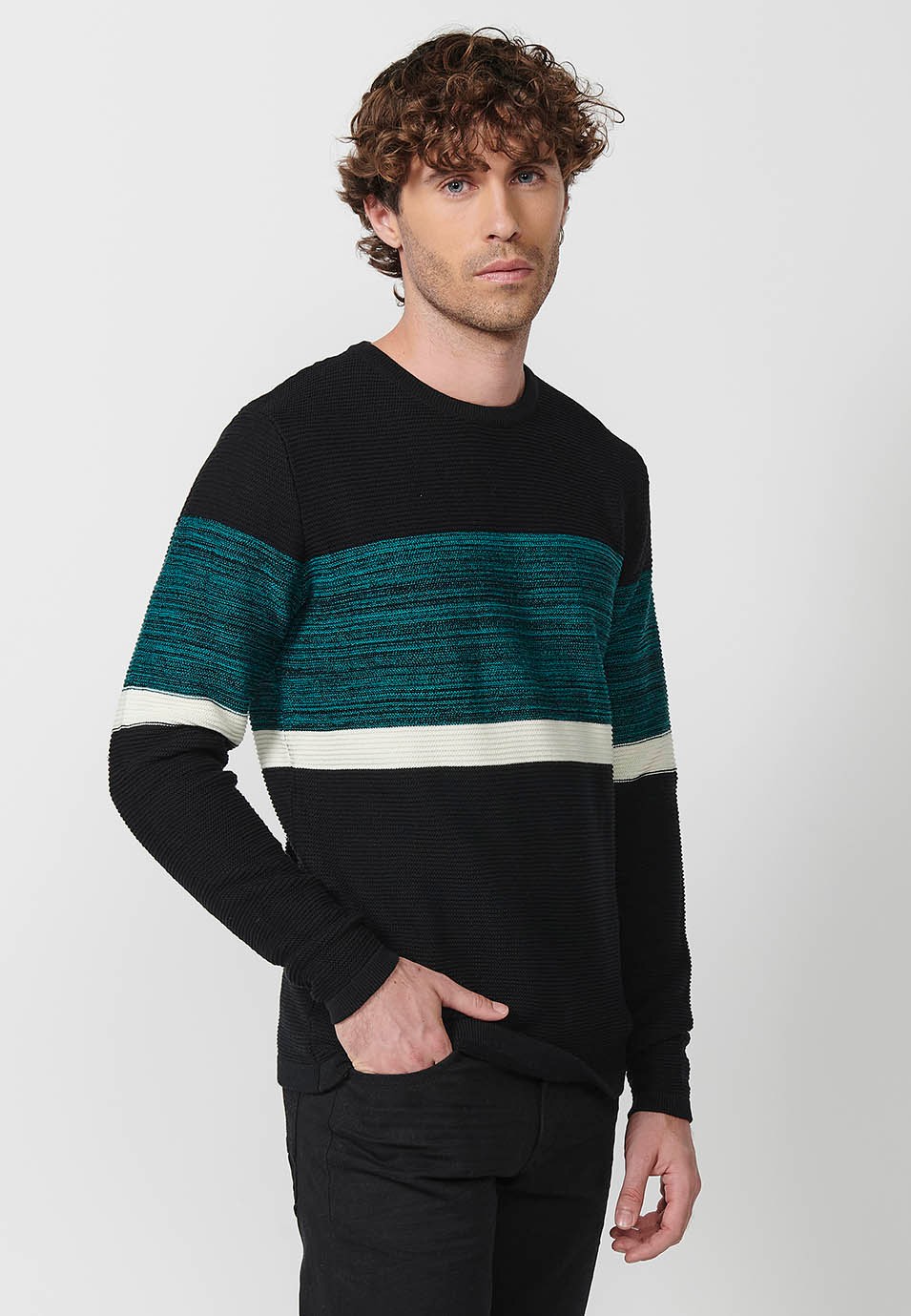 Pull en tricot tricolore à col rond pour homme en noir