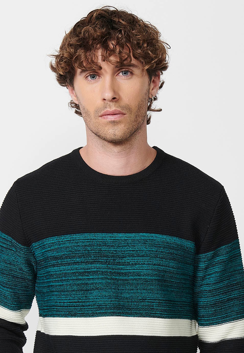 Pull en tricot tricolore à col rond pour homme en noir