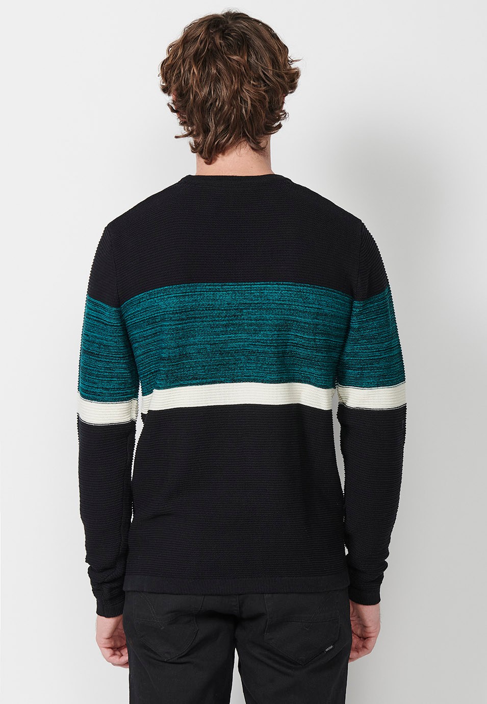 Pull en tricot tricolore à col rond pour homme en noir