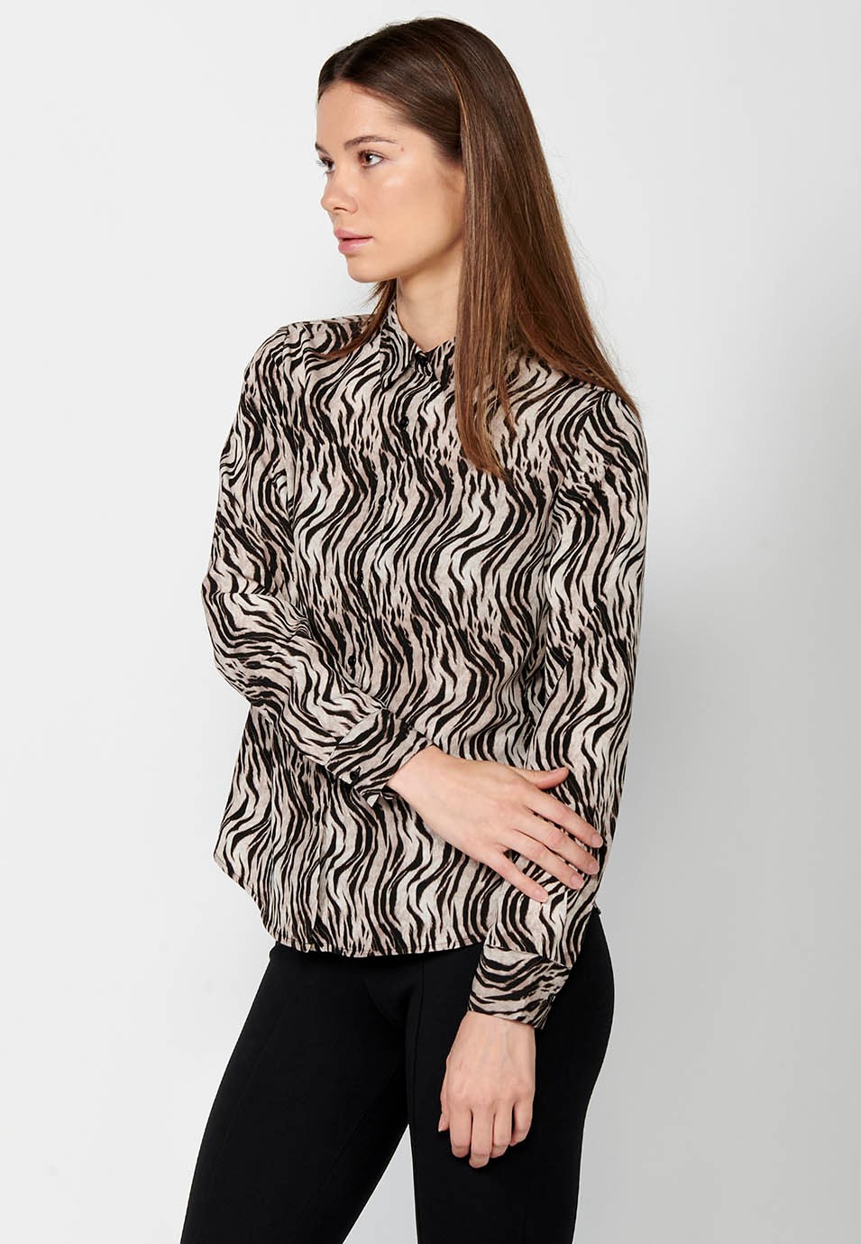 Brown zebra print long sleeve shirt collar blouse for Women