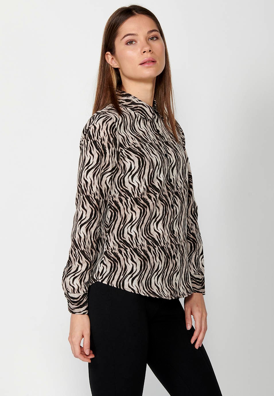 Brown zebra print long sleeve shirt collar blouse for Women