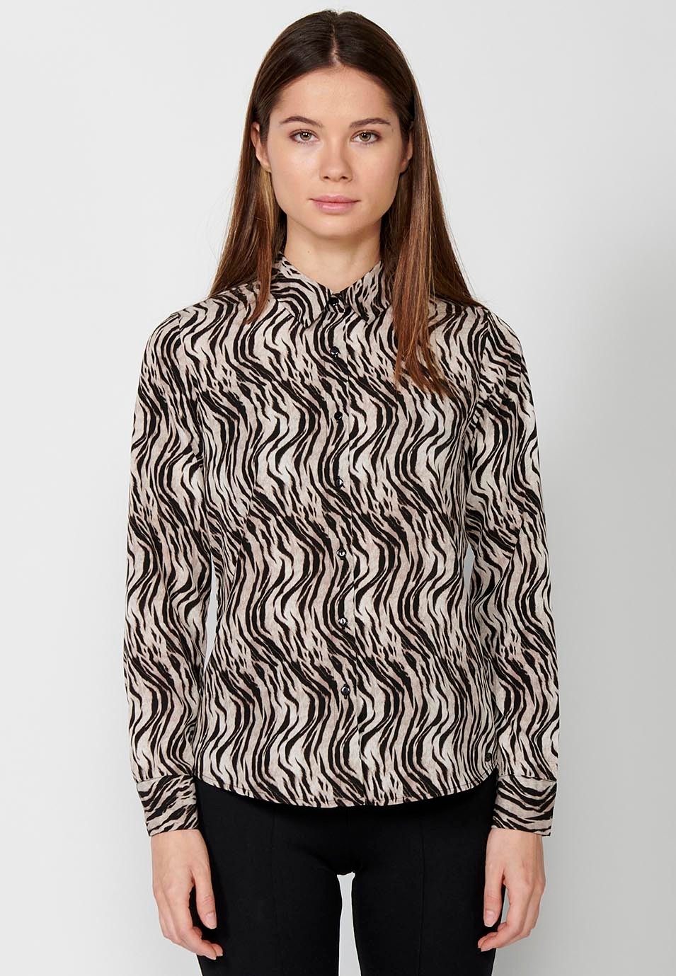 Brown zebra print long sleeve shirt collar blouse for Women