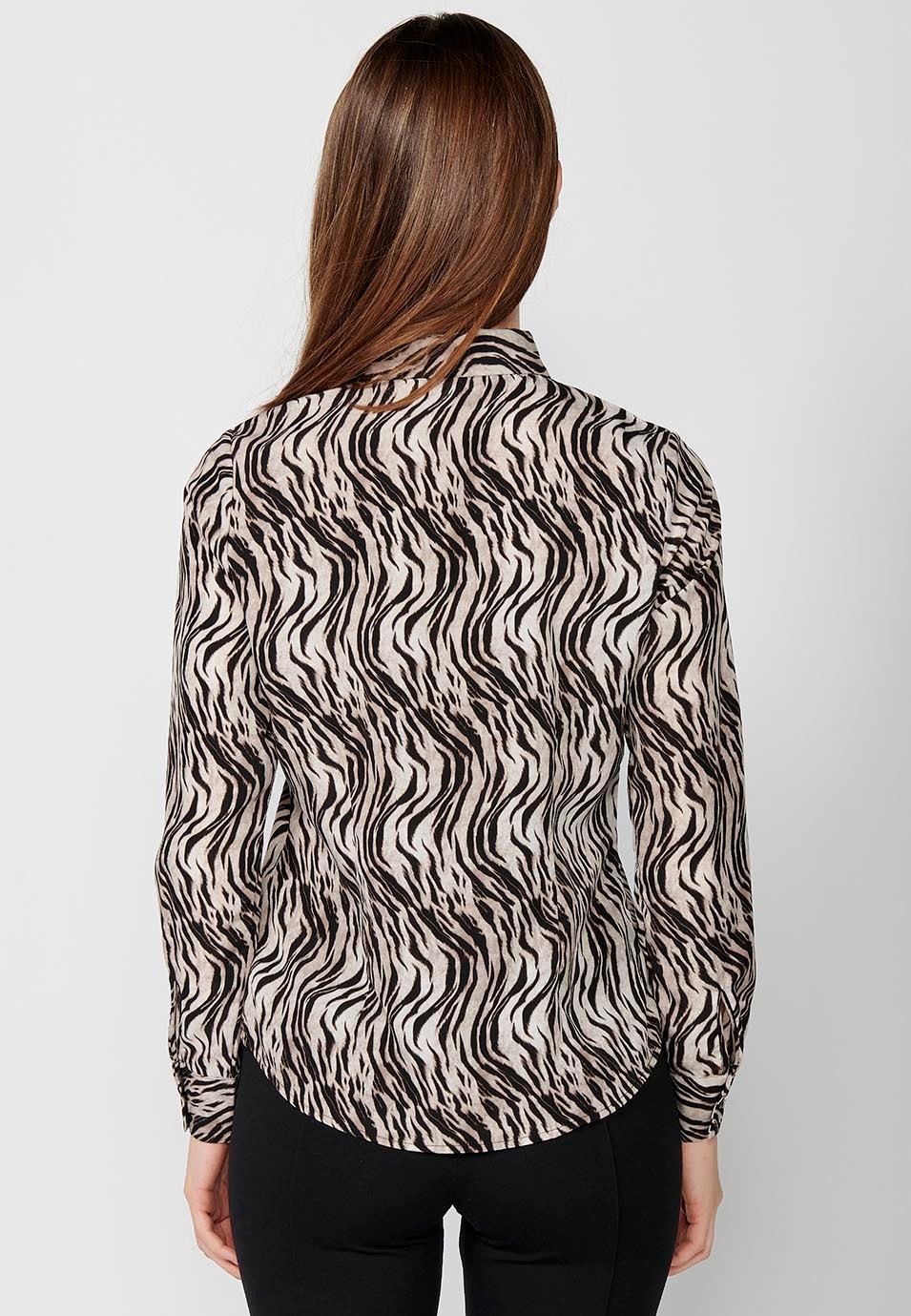 Brown zebra print long sleeve shirt collar blouse for Women