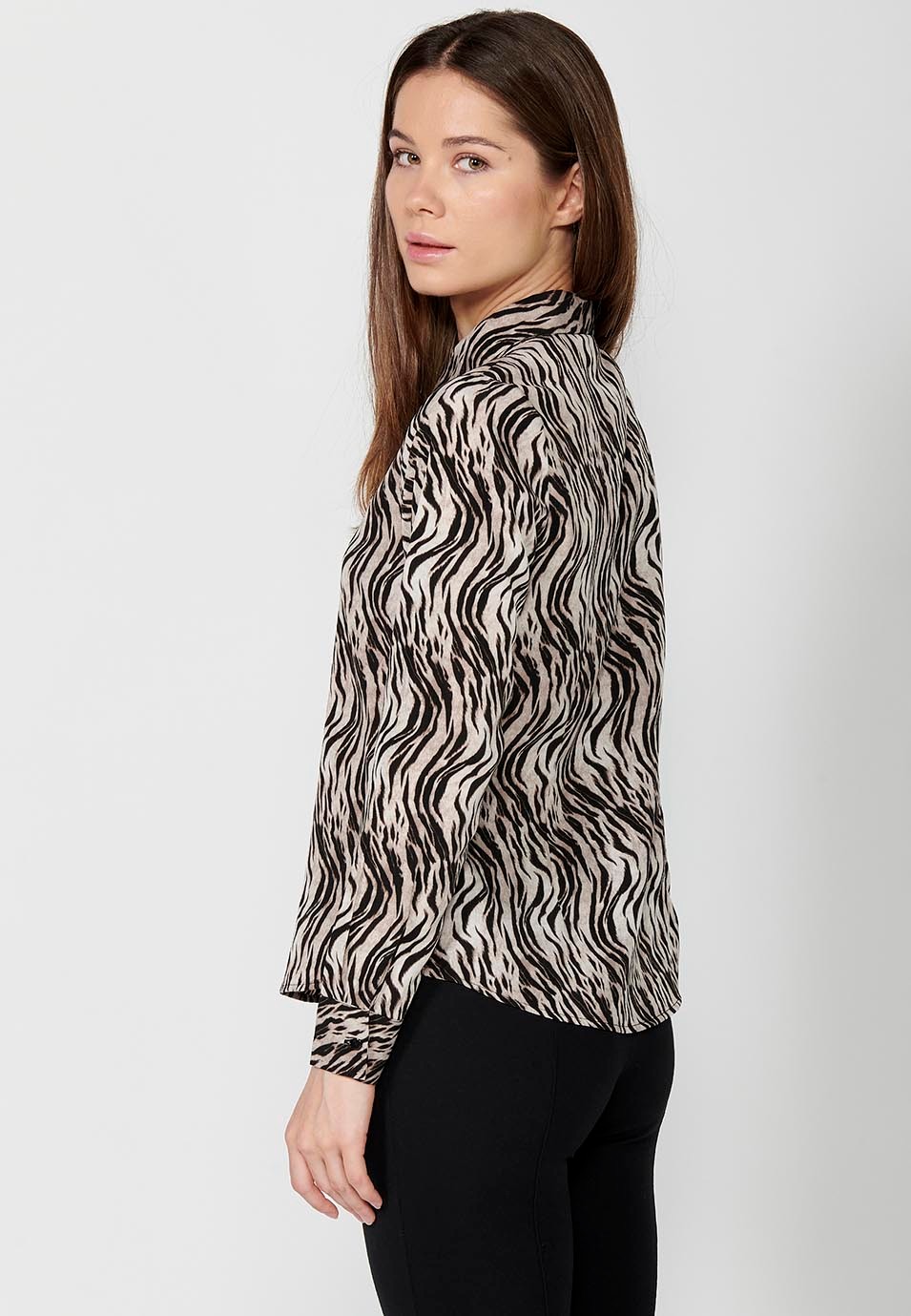 Brown zebra print long sleeve shirt collar blouse for Women