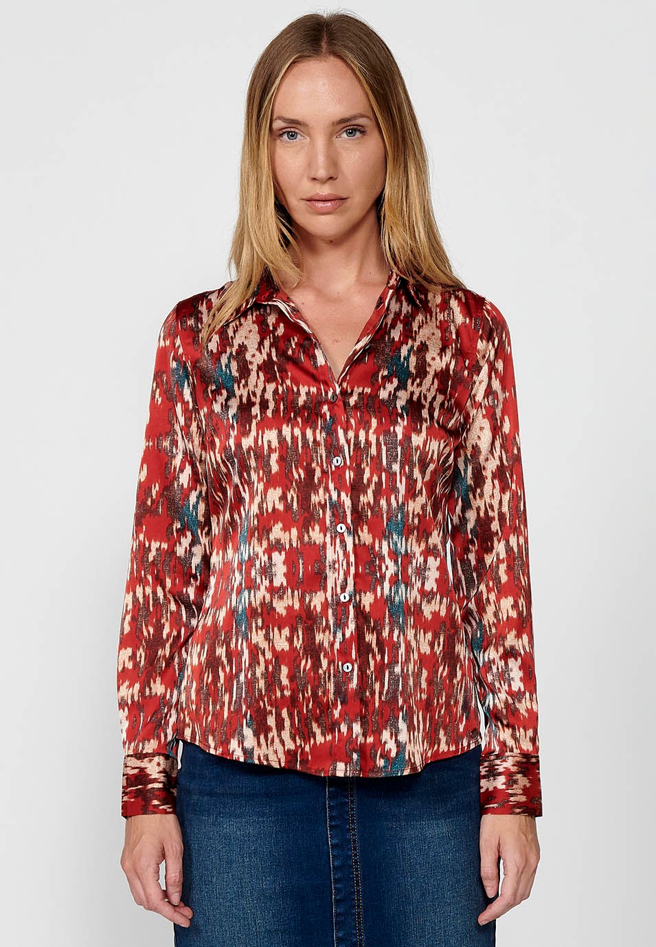 Long Sleeve Satin Shirt Collar Blouse with Ikat Print in Burgundy for Women