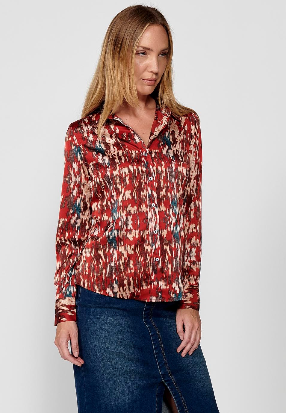 Long Sleeve Satin Shirt Collar Blouse with Ikat Print in Burgundy for Women