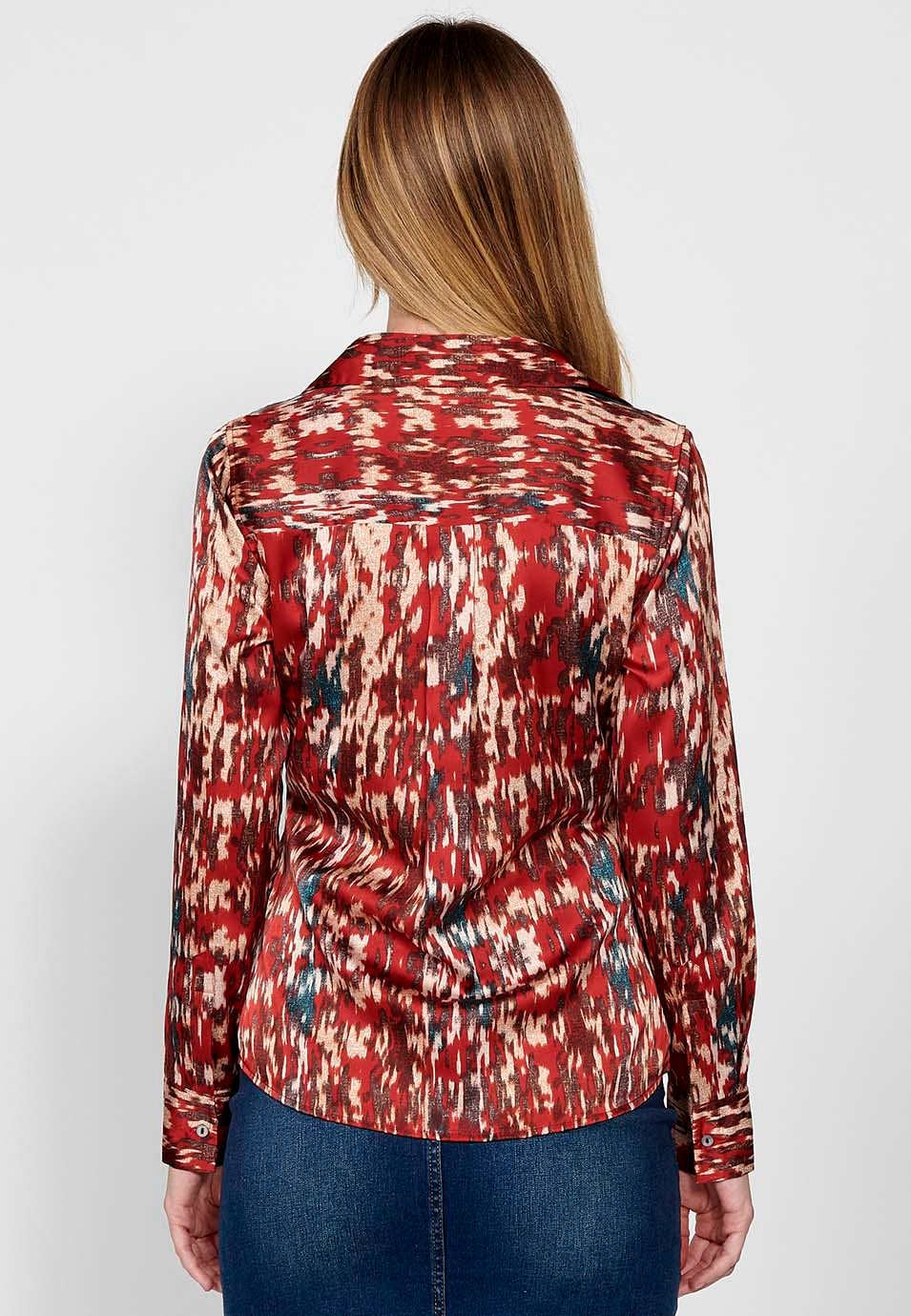 Long Sleeve Satin Shirt Collar Blouse with Ikat Print in Burgundy for Women