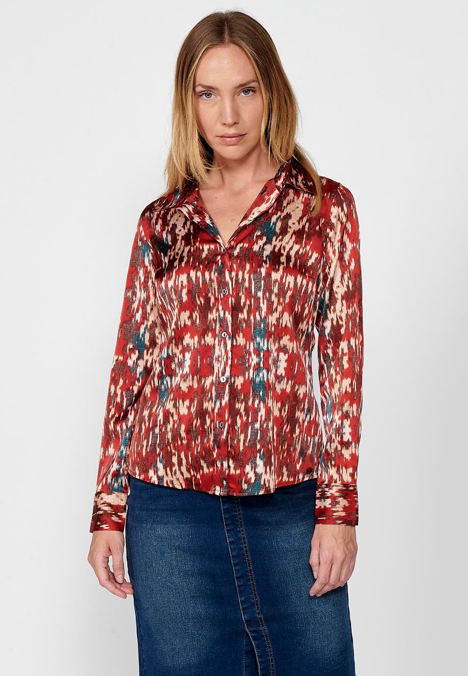 Long Sleeve Satin Shirt Collar Blouse with Ikat Print in Burgundy for Women