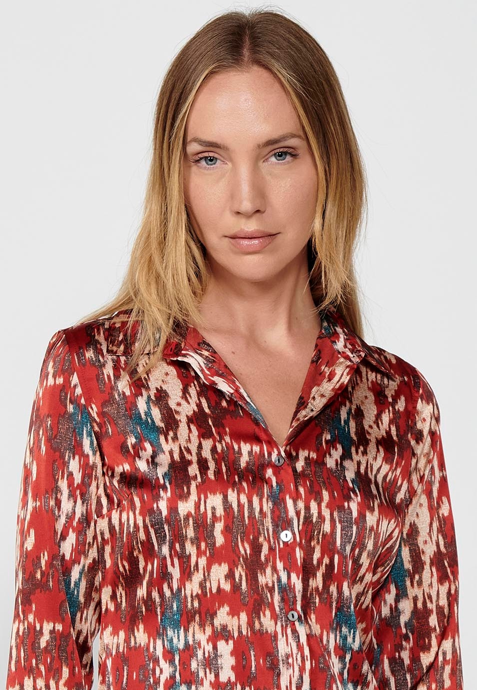 Long Sleeve Satin Shirt Collar Blouse with Ikat Print in Burgundy for Women