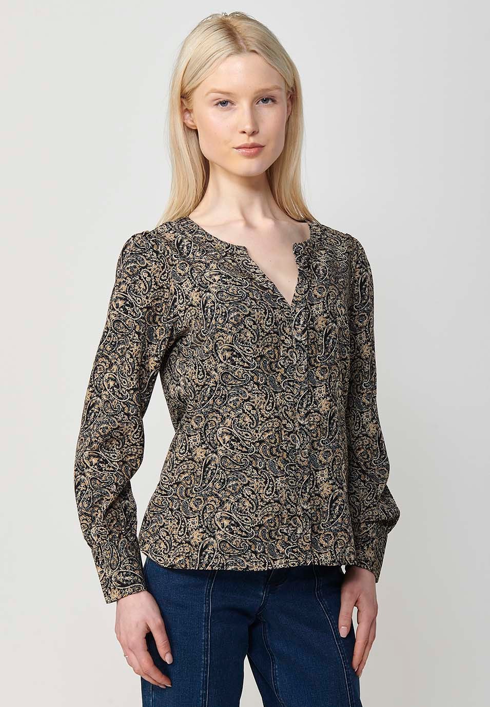 Blouse col V manches longues noire imprimé cachemire pour Femme