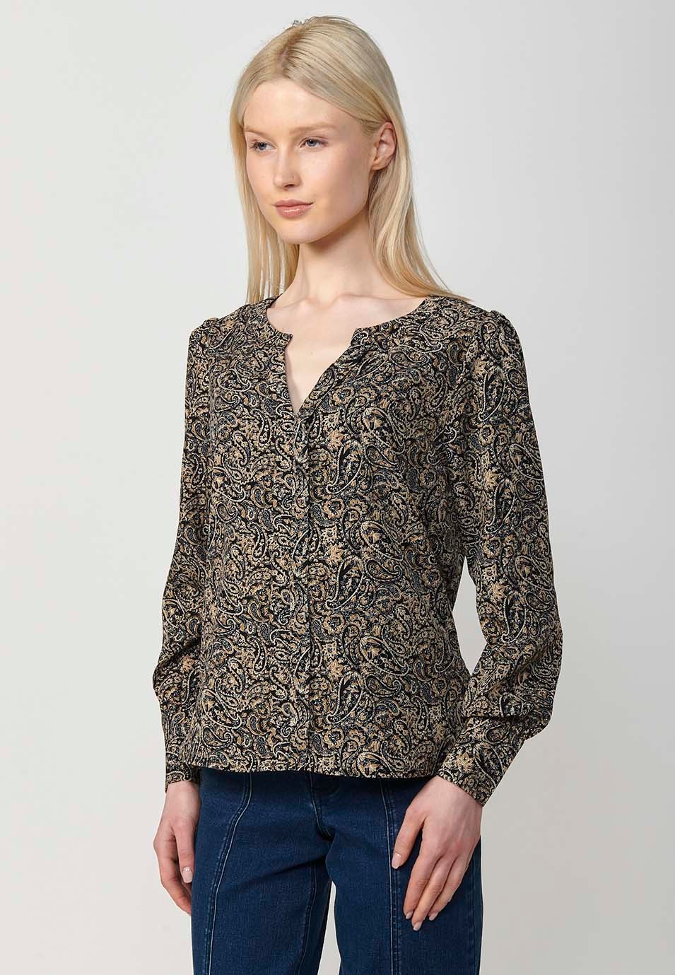 Blouse col V manches longues noire imprimé cachemire pour Femme