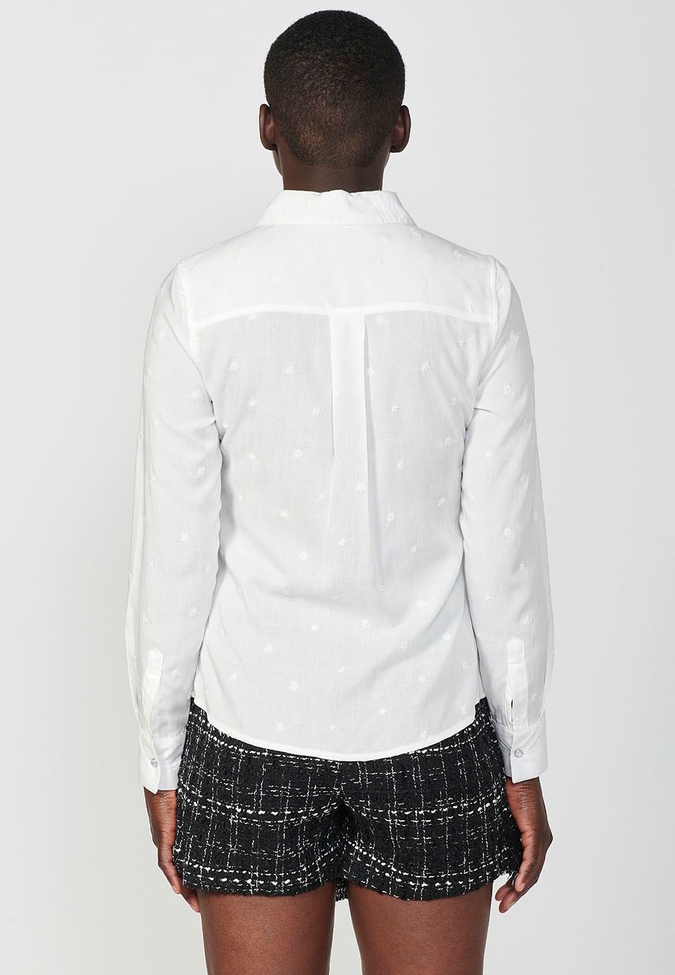 Long sleeve shirt collar blouse with embroidered fabric and print inside the collar for women in white