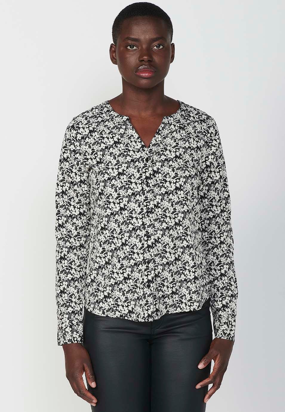 Blouse manches longues, décolleté V et imprimé fleurs bicolores noir et blanc pour Femme